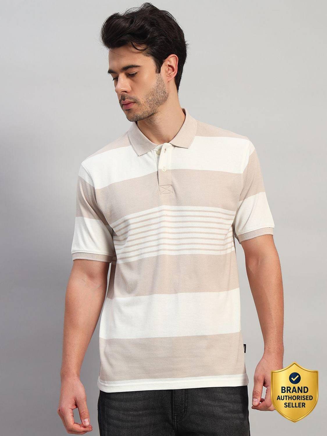 CANTABIL Striped Men Polo Neck Beige T-Shirt