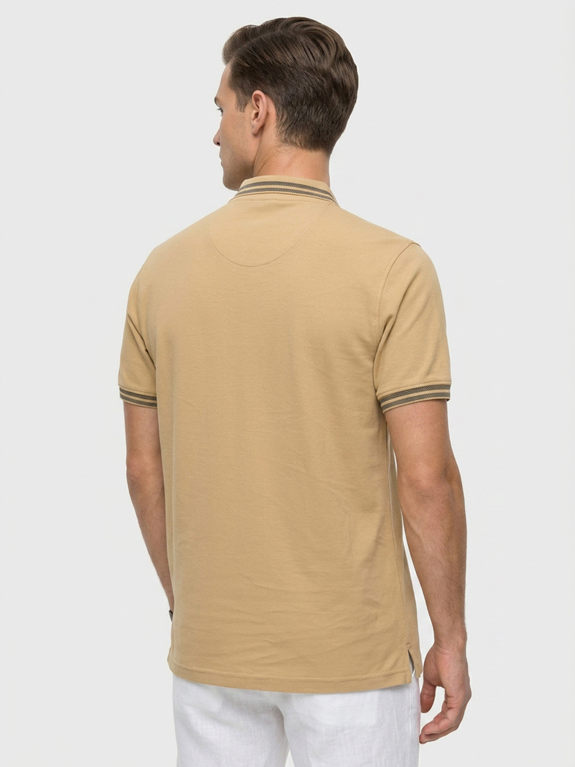 Image of Raymond Men Solid Polo Neck Pure Cotton Beige T-Shirt