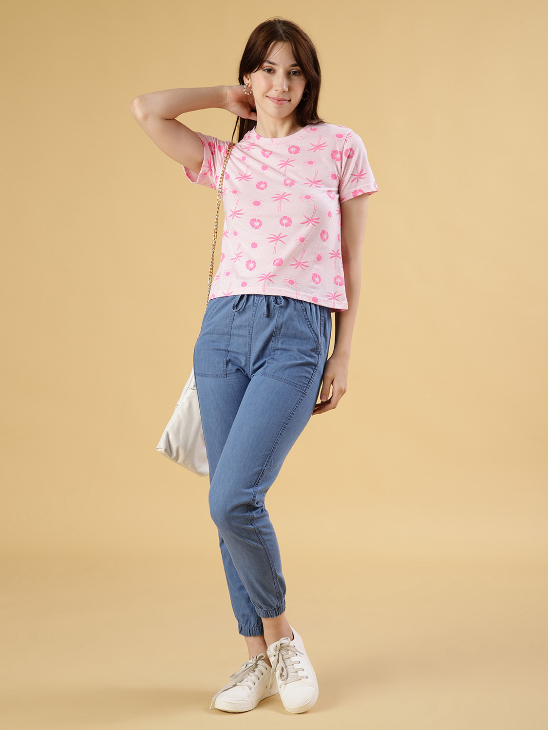 Image of V-MART Printed Women Round Neck Pink T-Shirt