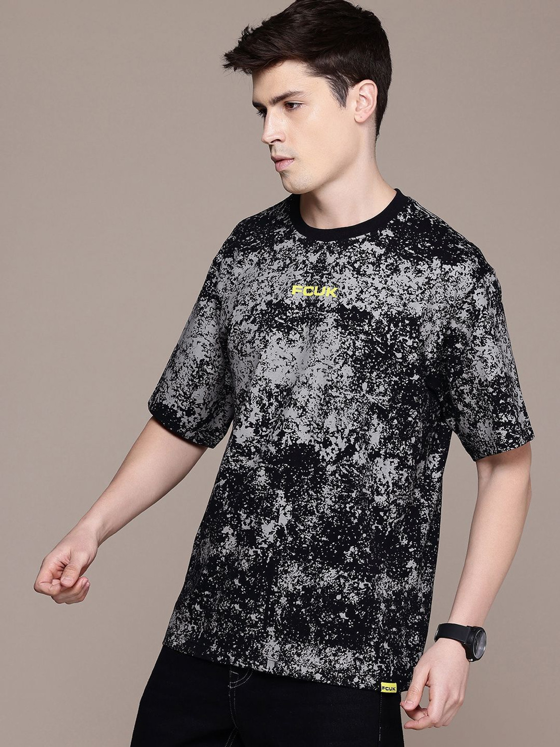 Image of FCUK Printed Men Round Neck Black T-Shirt