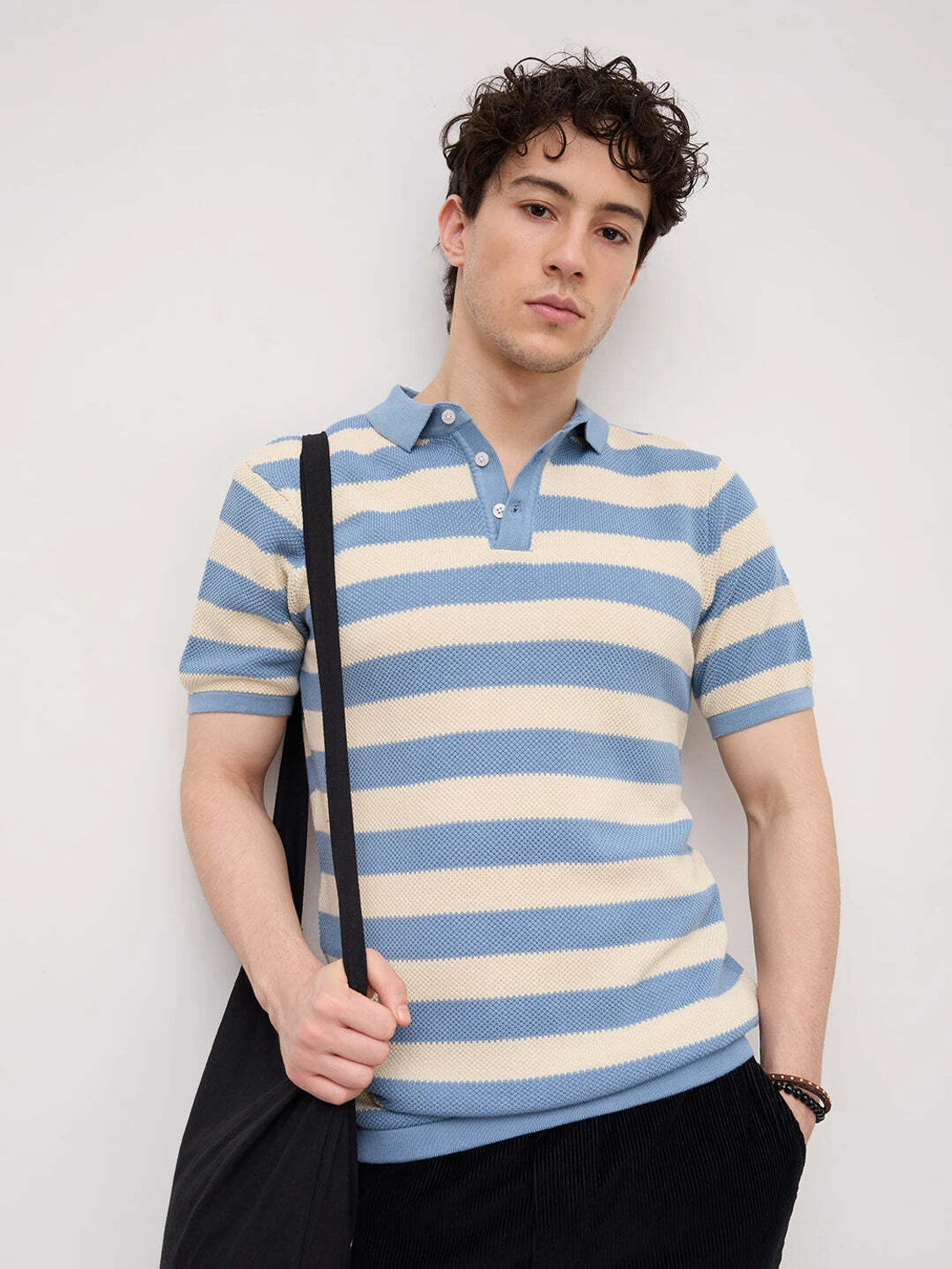 Image of VASTRADO Striped Men Polo Neck Blue T-Shirt