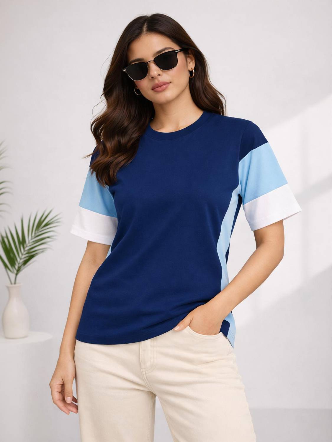 Adyavastram Colorblock Women Round Neck Blue T-Shirt