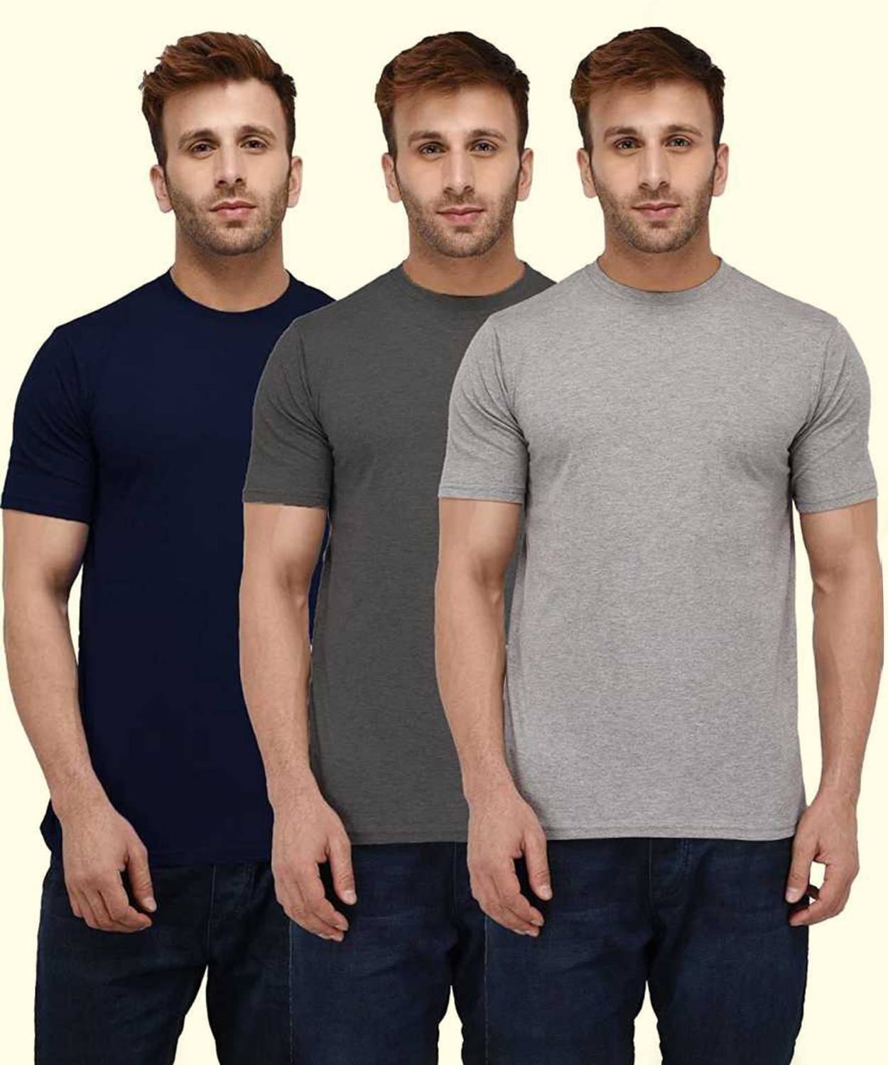 INKKR Pack of 3 Men Solid Round Neck Cotton Blend Multicolor T-Sh