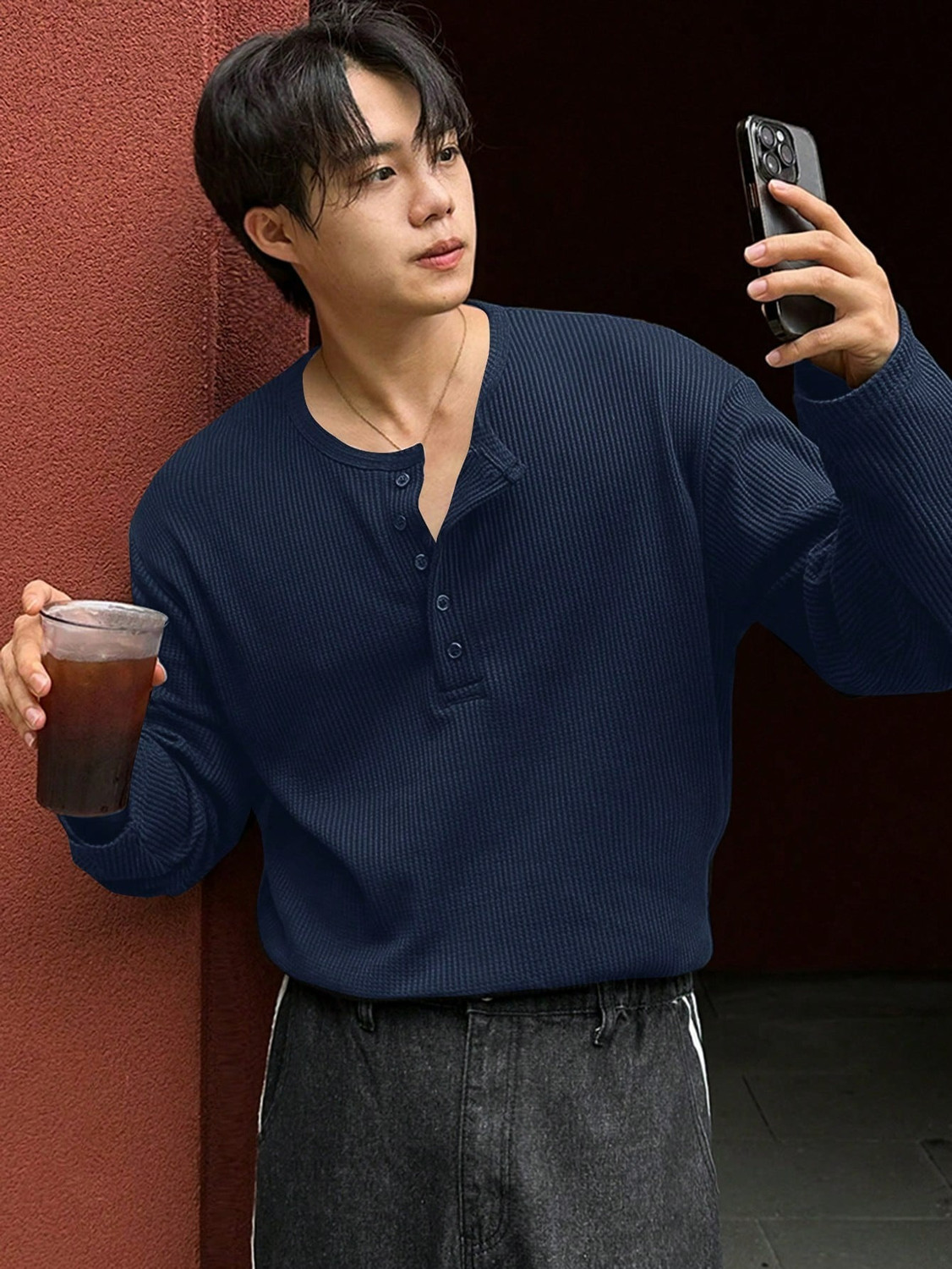 Image of The Modern Soul Solid Men Henley Neck Blue T-Shirt
