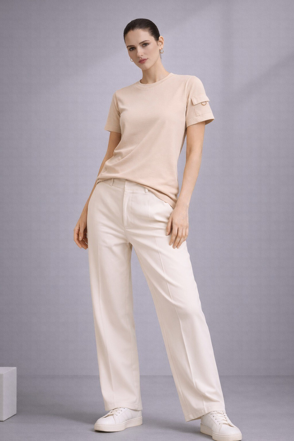 Image of Adyavastram Solid Women Round Neck Beige T-Shirt