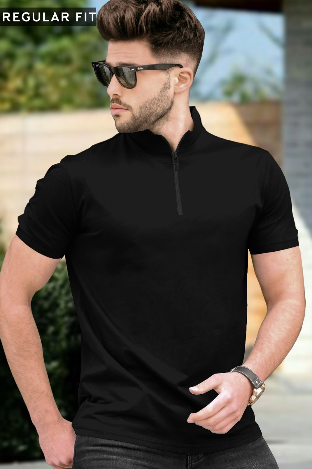 Image of TRIPR Solid Men Mandarin Collar Black T-Shirt
