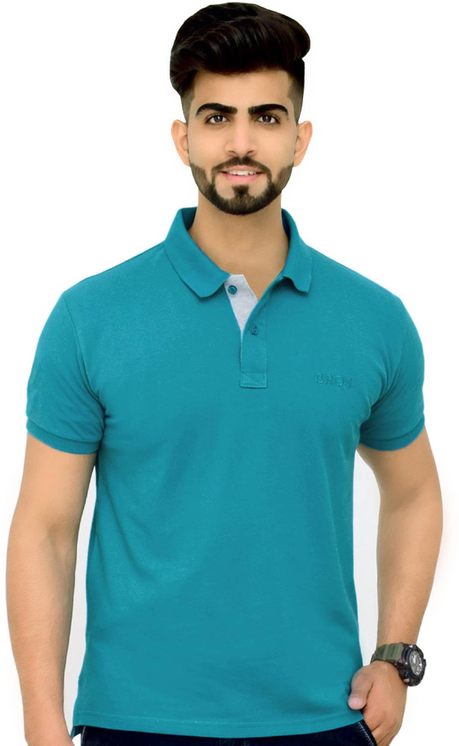 3BROS Men Solid Polo Neck Cotton Blend Green T-Shirt