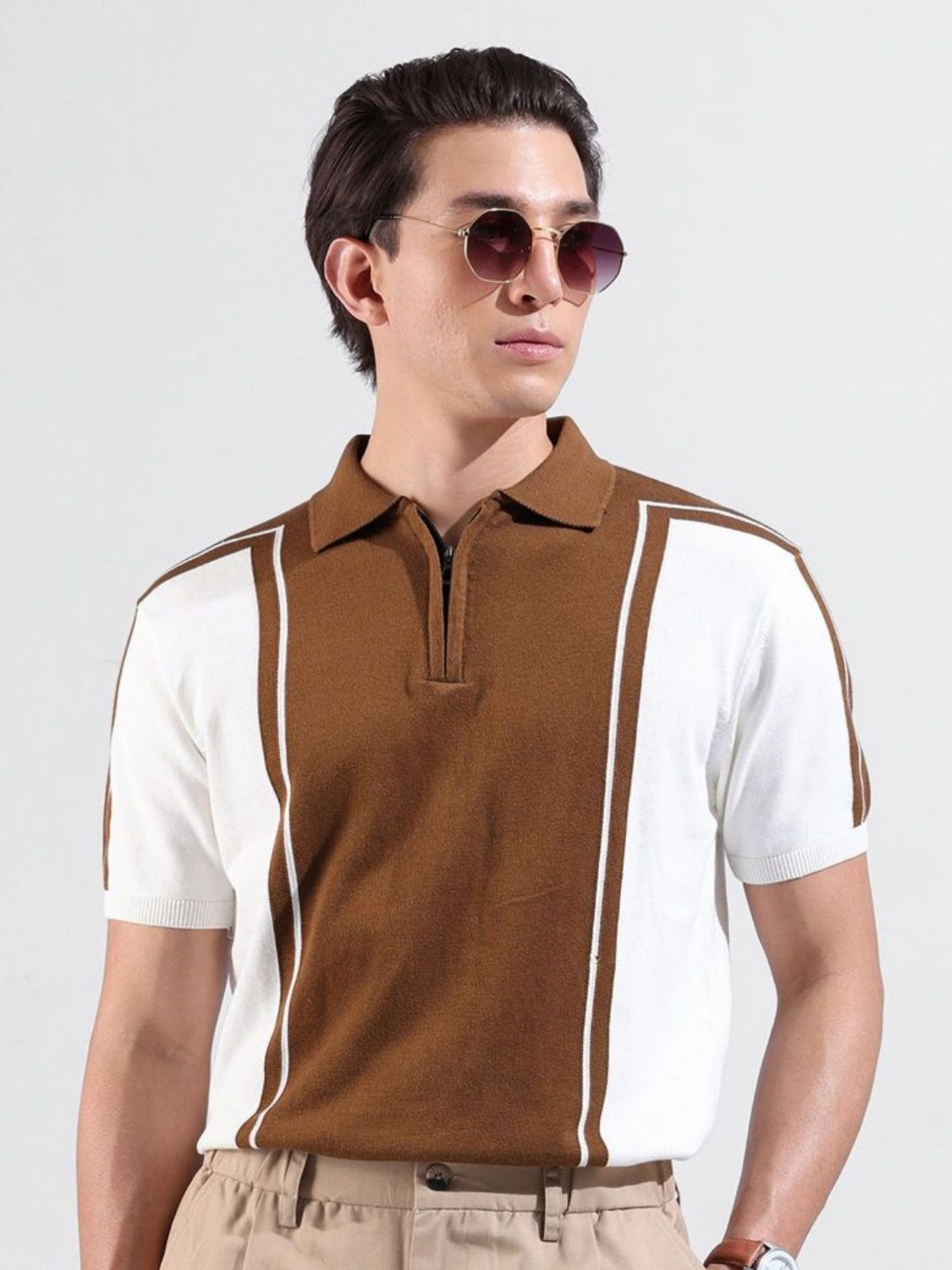 Image of The Indian Garage Co. Self Design Men Polo Neck White T-Shirt
