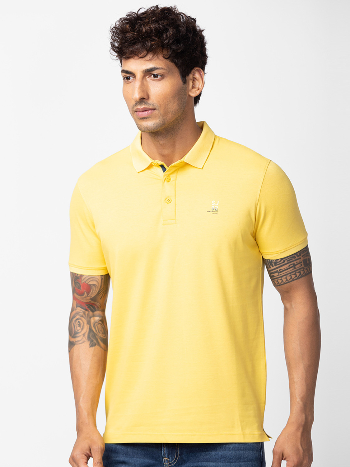 Image of Spykar Solid Men Polo Neck Yellow T-Shirt