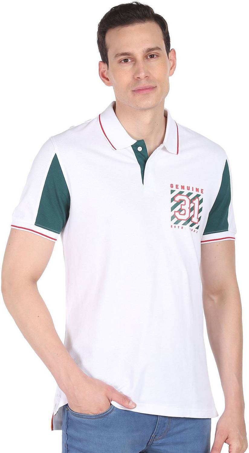 AD by Arvind Colorblock Men Polo Neck White T-Shirt