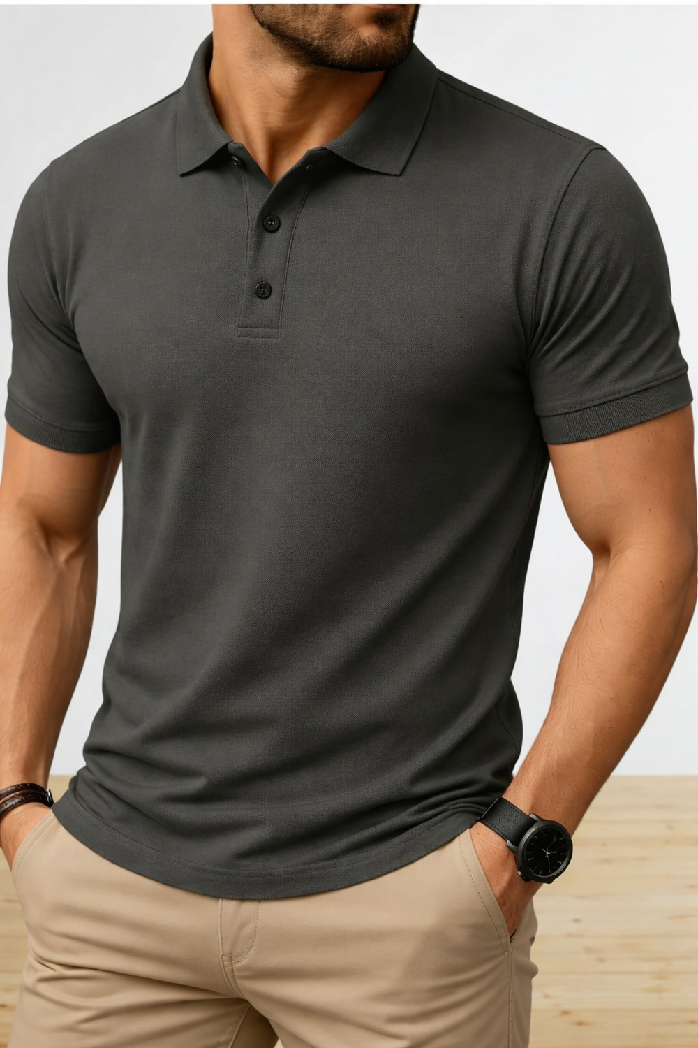Image of LOOP STITCH Solid Men Polo Neck Grey T-Shirt