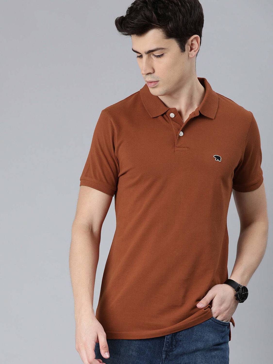 THE BEAR HOUSE Men Solid Polo Neck Pure Cotton Orange T-Shirt