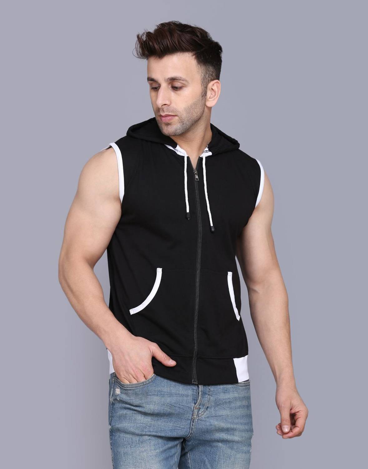 ELABOT Men Solid Hooded Neck Cotton Blend White, Black T-Shirt