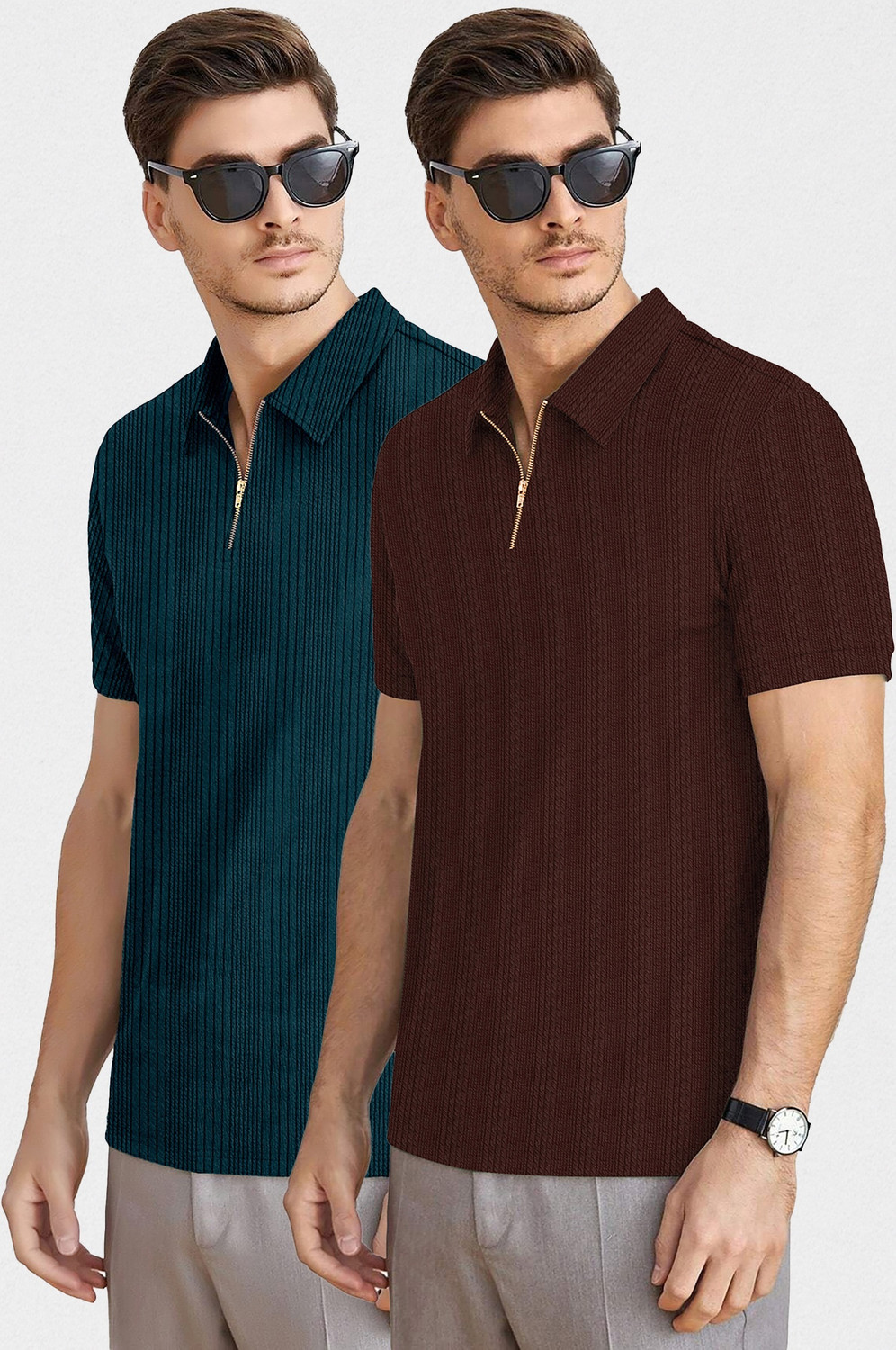 Image of KAJARU Self Design Men Zip Neck Dark Green, Brown T-Shirt