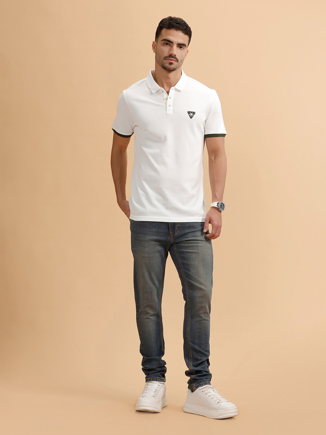 Image of WROGN Men Solid Polo Neck Pure Cotton Silver T-Shirt