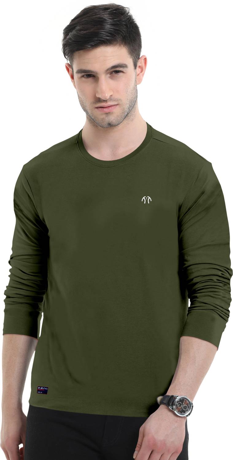 Triptee Men Solid Round Neck Pure Cotton Green T-Shirt