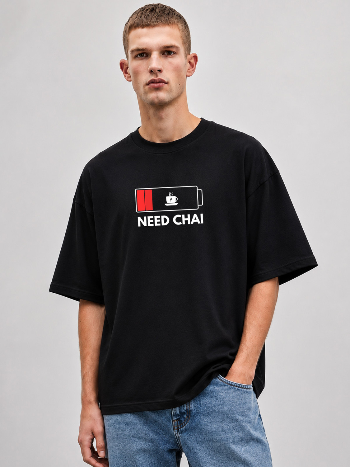Image of FROTYFIVE Printed Men Round Neck Black T-Shirt
