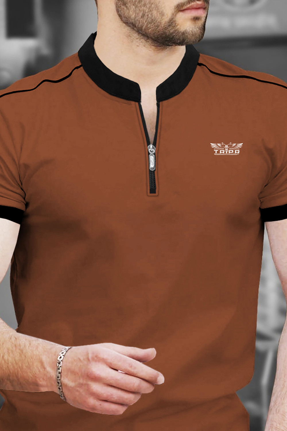 Image of TRIPR Solid Men Henley Neck Brown, Black T-Shirt