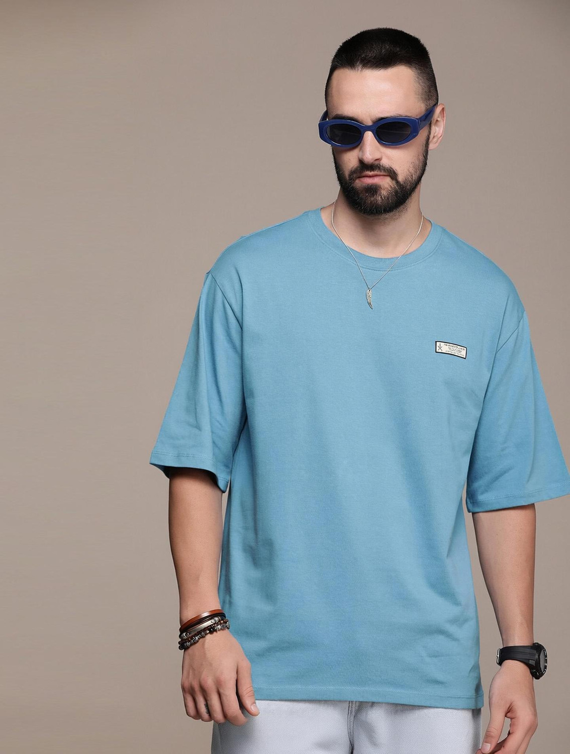 Image of Roadster Solid Men Round Neck Blue T-Shirt