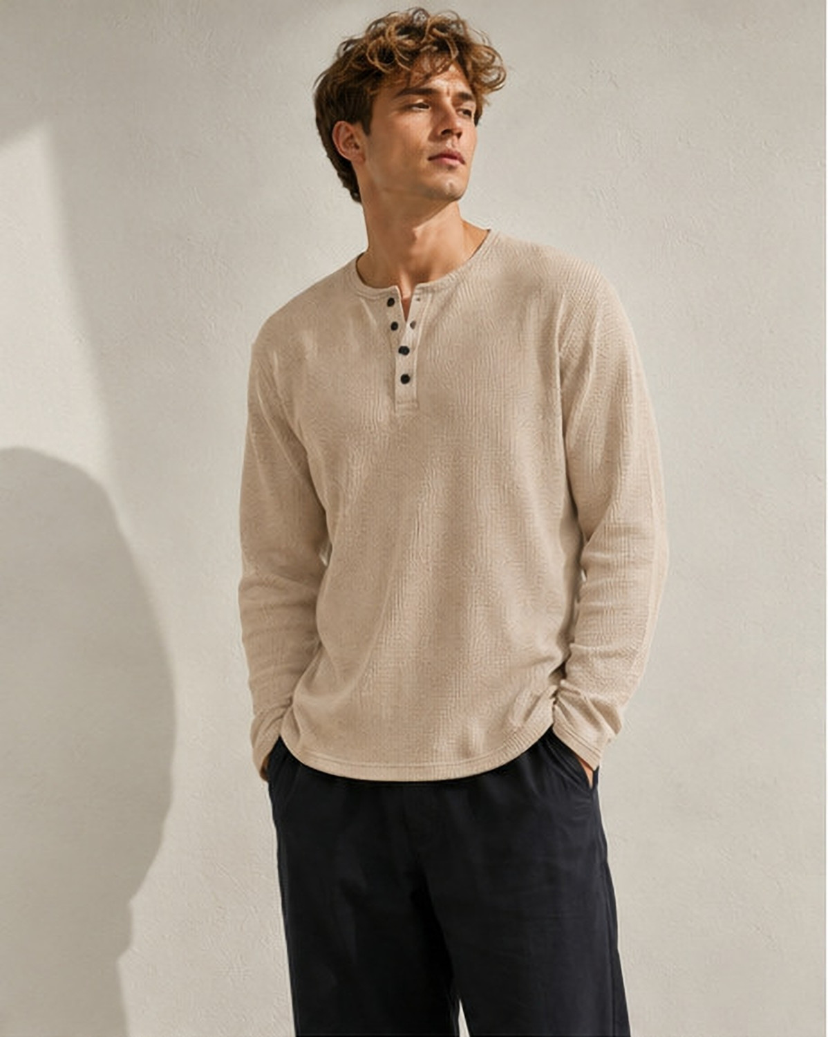 Image of NOOK Self Design Men Henley Neck Beige T-Shirt