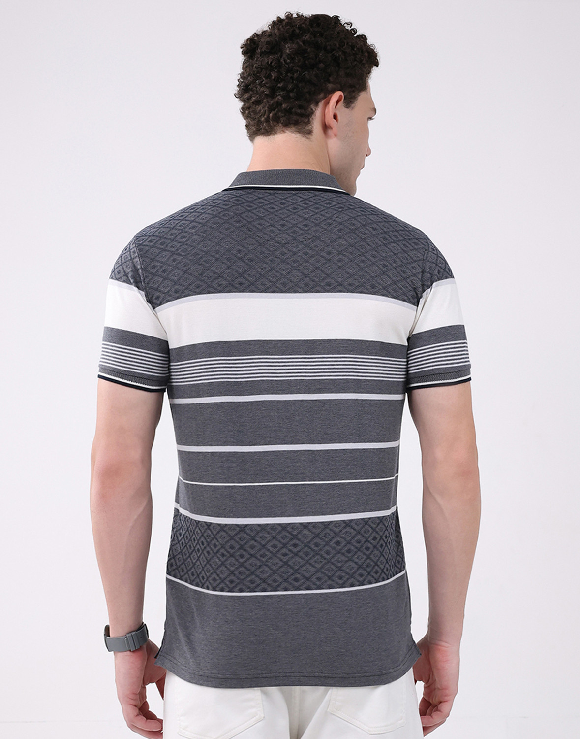 Image of MONTE CARLO Striped Men Polo Neck Grey T-Shirt