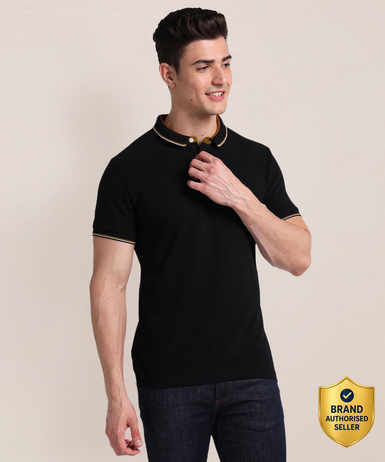 Image of U.S. POLO ASSN. Solid Men Polo Neck Black T-Shirt