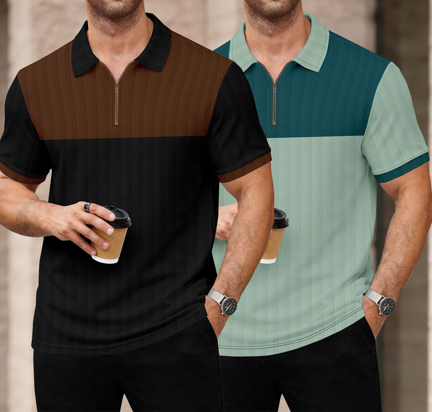 Image of KAJARU Colorblock Men Polo Neck Brown, Black, Dark Green, Green T-Shirt