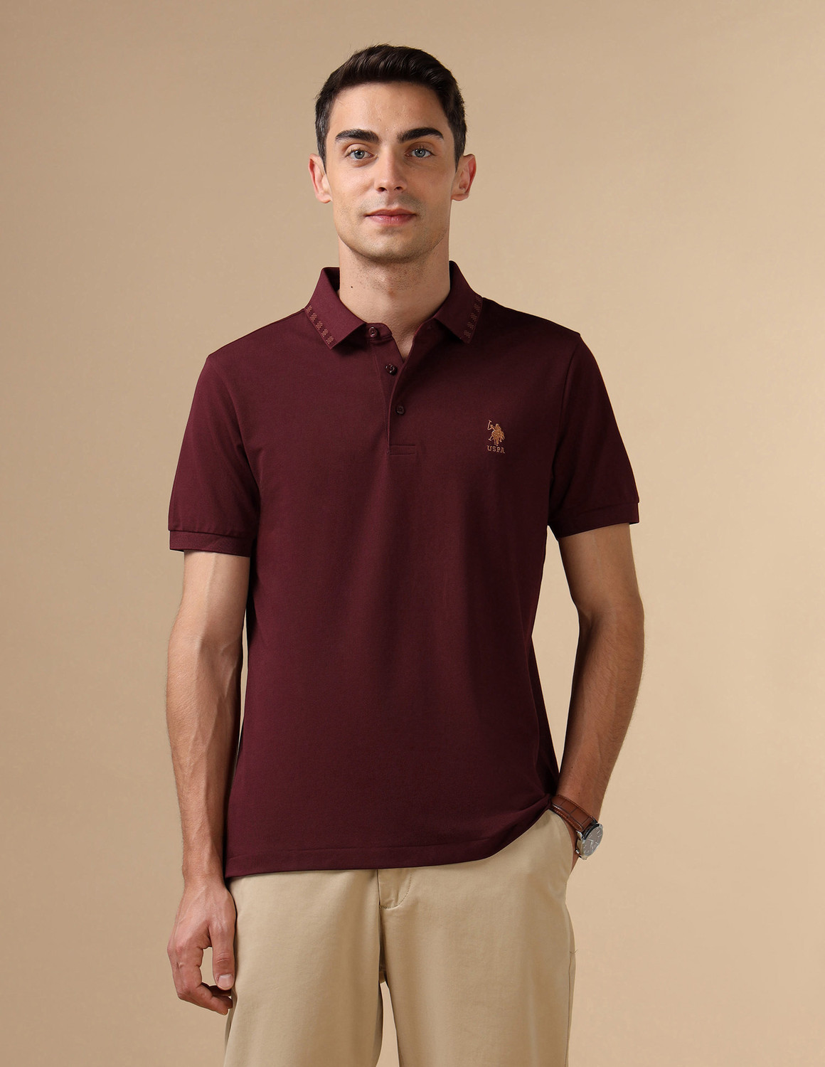 Image of U.S. POLO ASSN. Solid Men Polo Neck Red T-Shirt