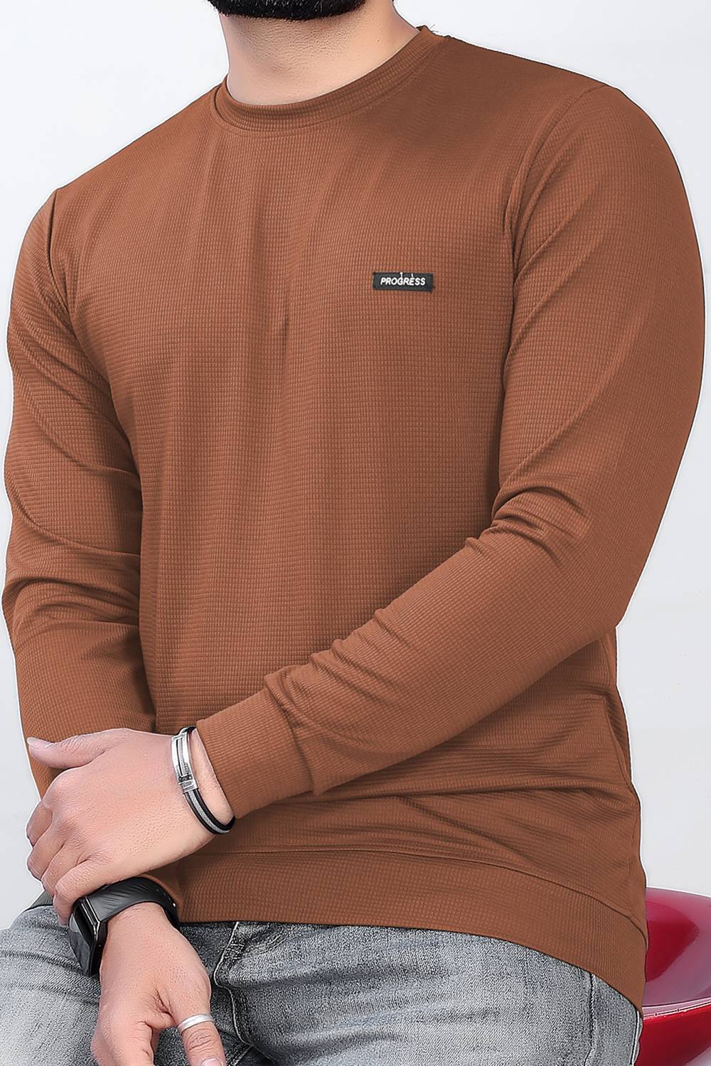 sti Men Self Design Round Neck Polyester Brown T-Shirt