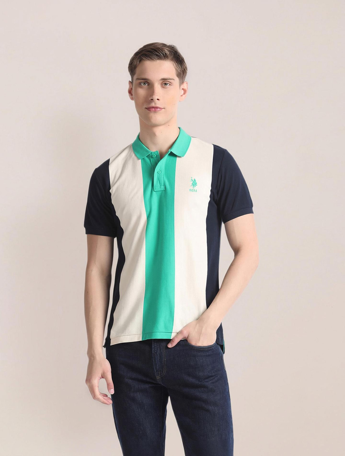 Image of U.S. POLO ASSN. Striped Men Polo Neck Blue T-Shirt