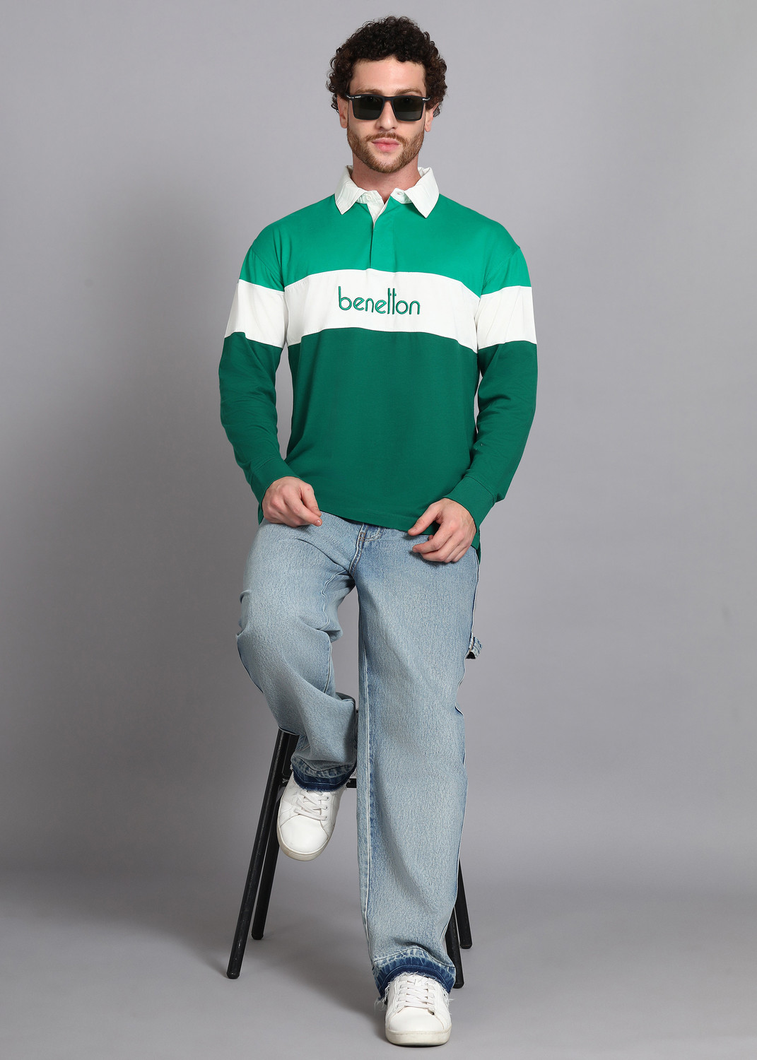 Image of United Colors of Benetton Colorblock Men Polo Neck Green, White T-Shirt