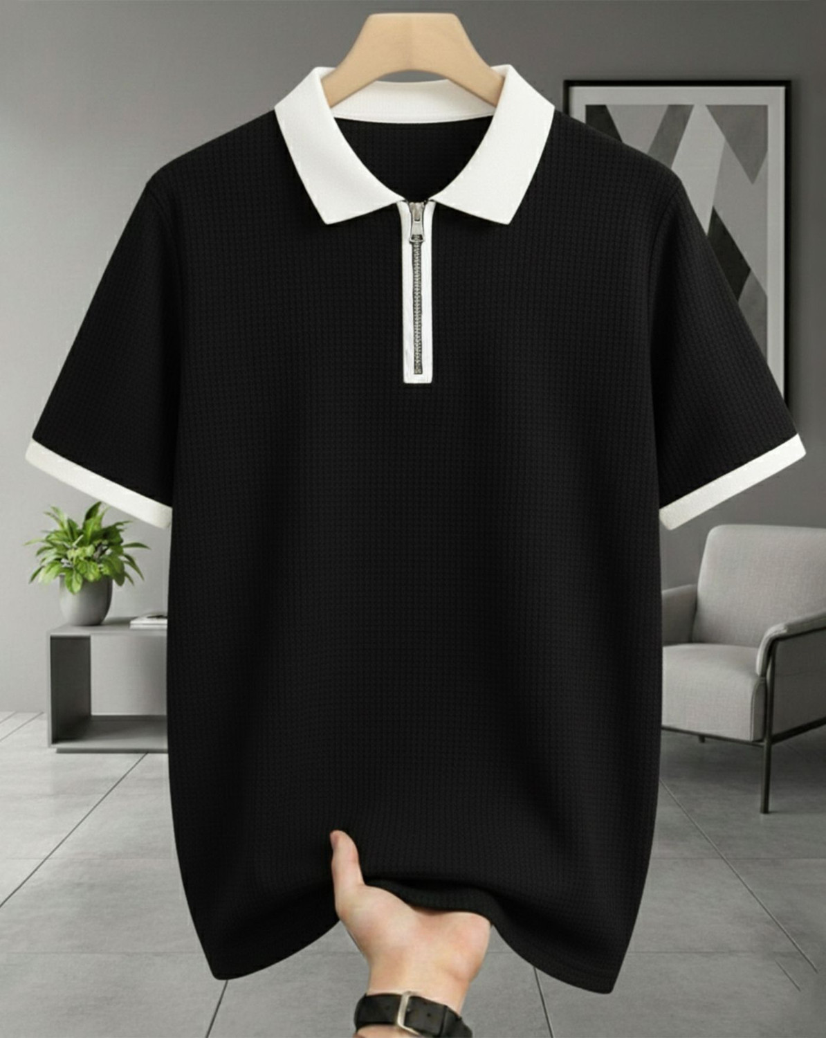 Image of AOOSH Self Design Men Zip Neck Black, White T-Shirt