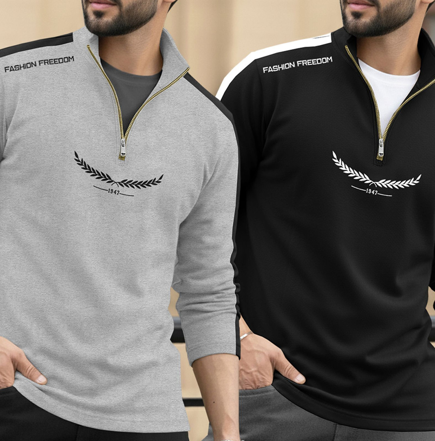 Image of TRIPR Printed Men Henley Neck Grey, Black, White T-Shirt
