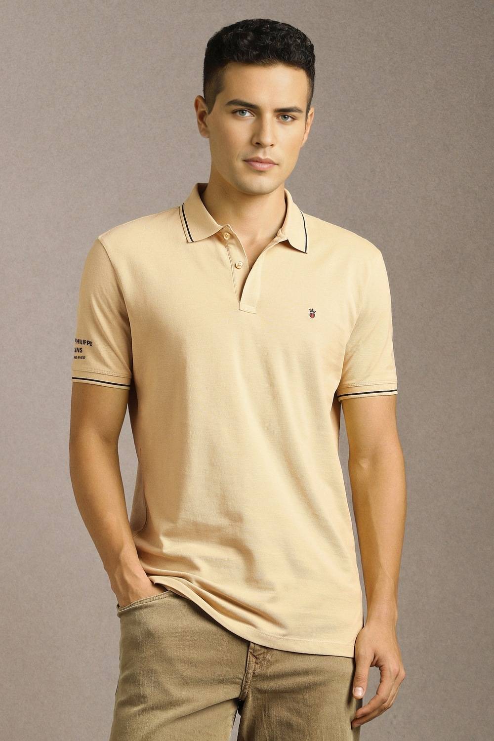 Louis Philippe Jeans Slim Fit Casual Men Solid Polo Neck Pure Cot