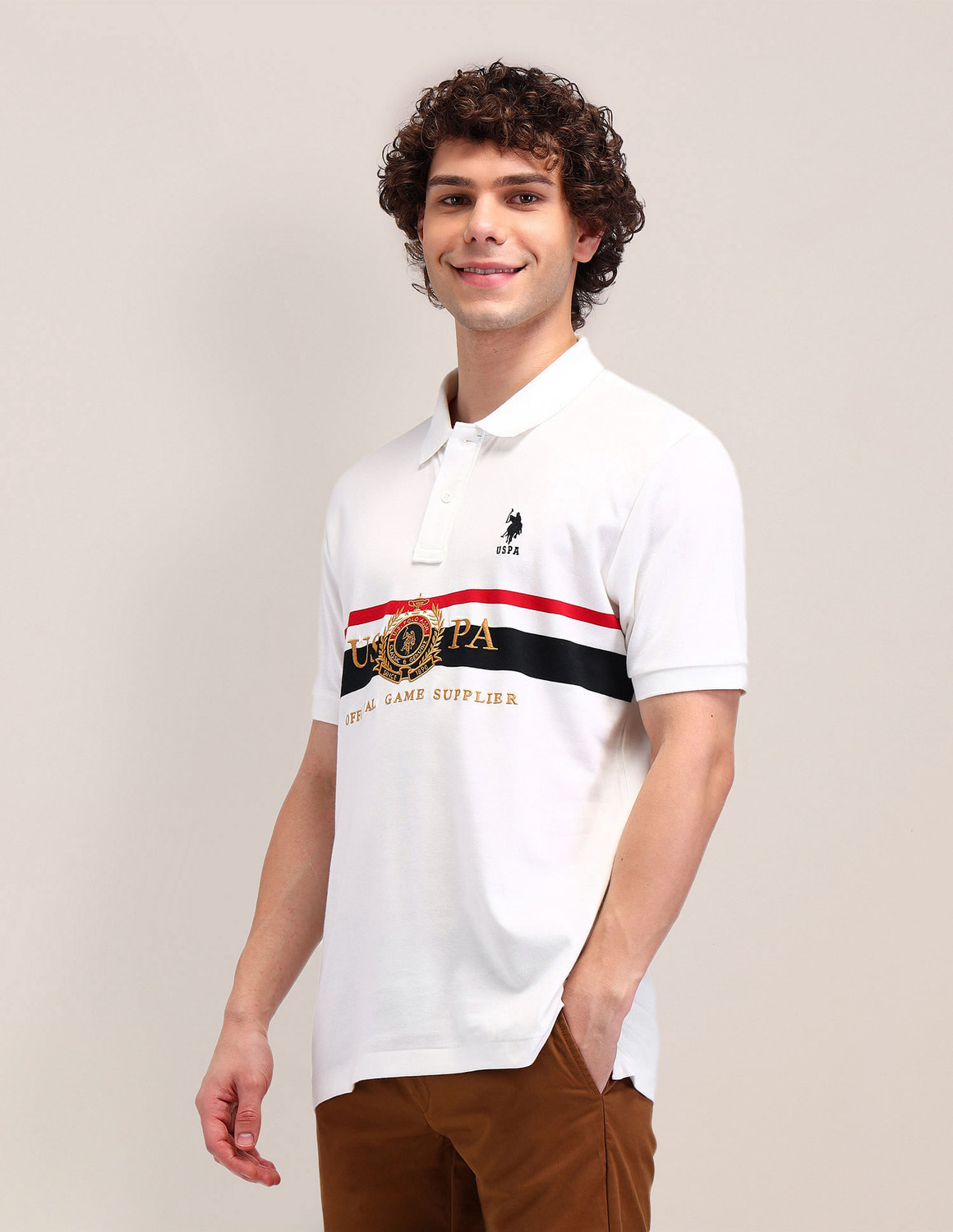 Image of U.S. POLO ASSN. Graphic Print Men Polo Neck White T-Shirt