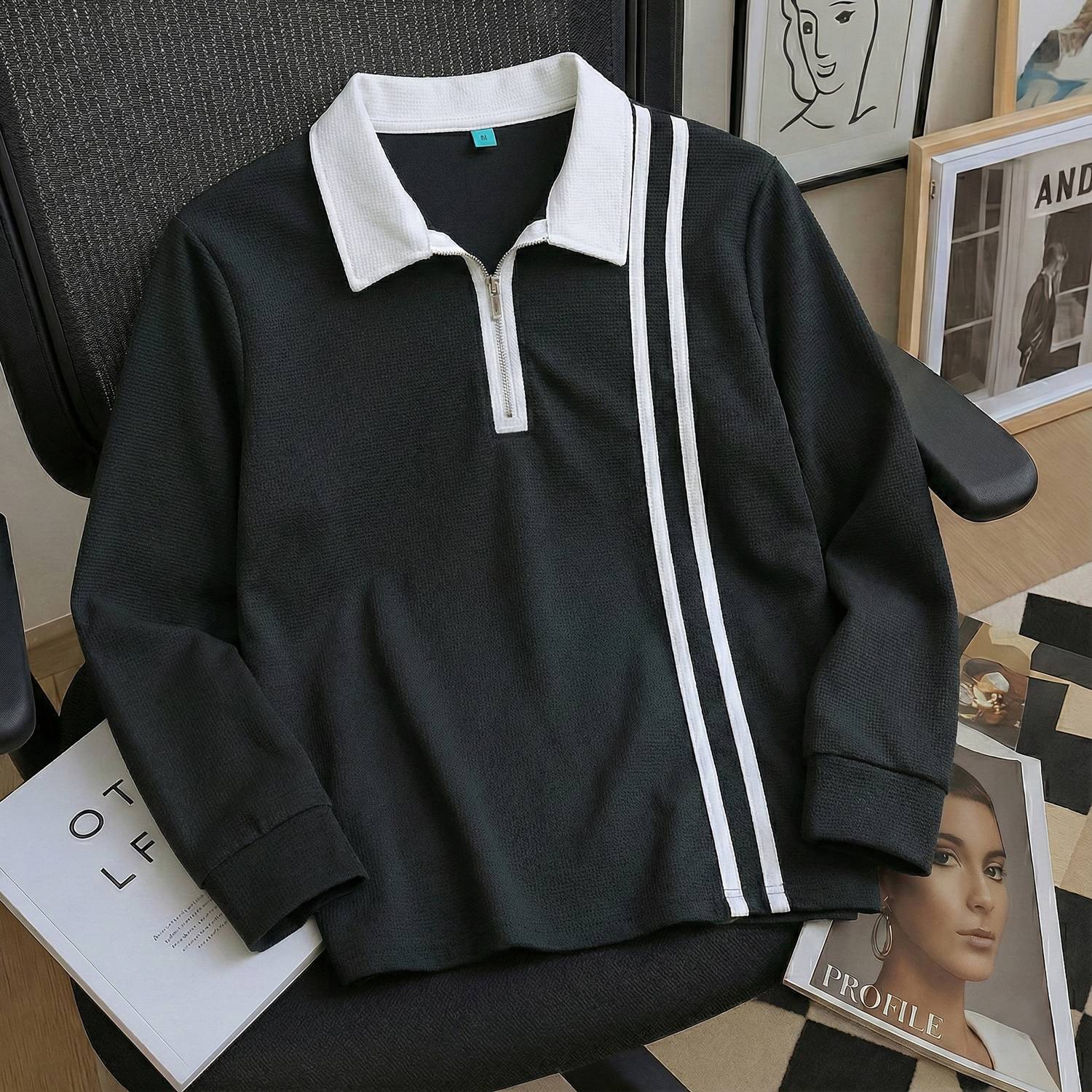 【CLANE 】RIB STRIPE ZIP SHIRT size1 Try This Striped, Self Design Men Zip Neck Black, White T-Shirt