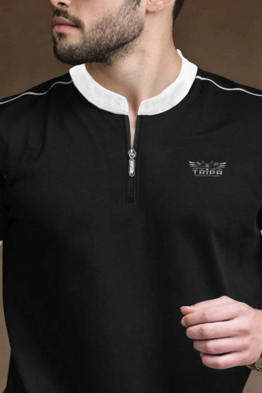 Image of TRIPR Solid Men Mandarin Collar Black, White T-Shirt