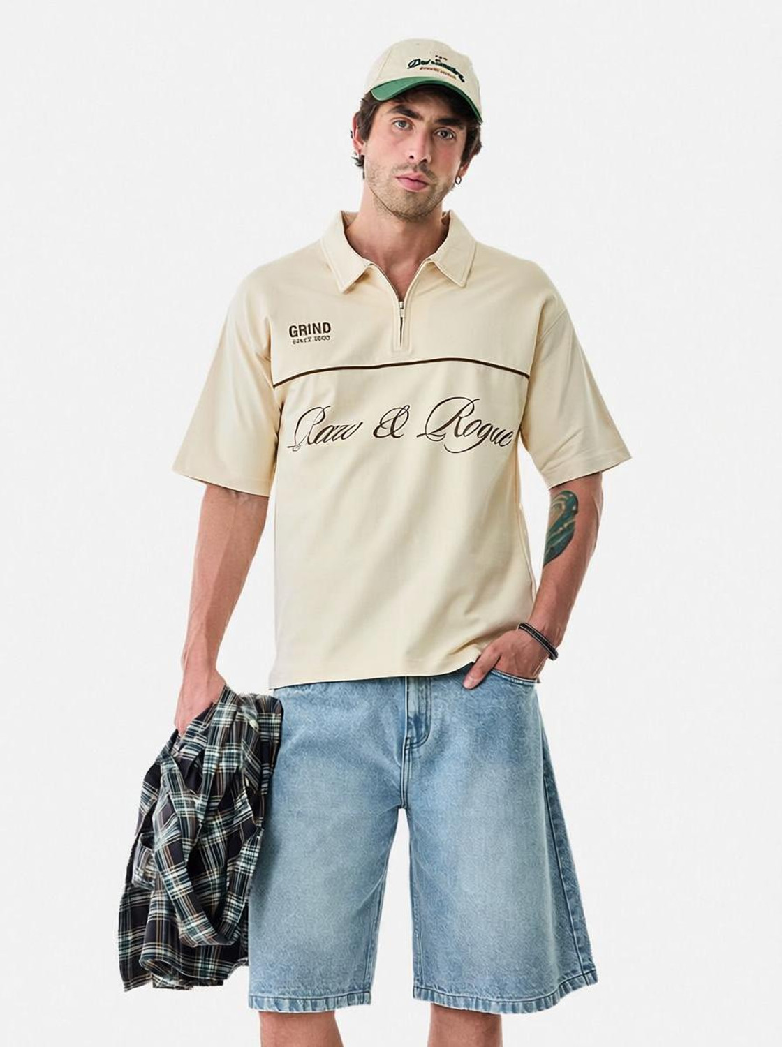 Image of Snitch Printed Men Zip Neck Beige T-Shirt