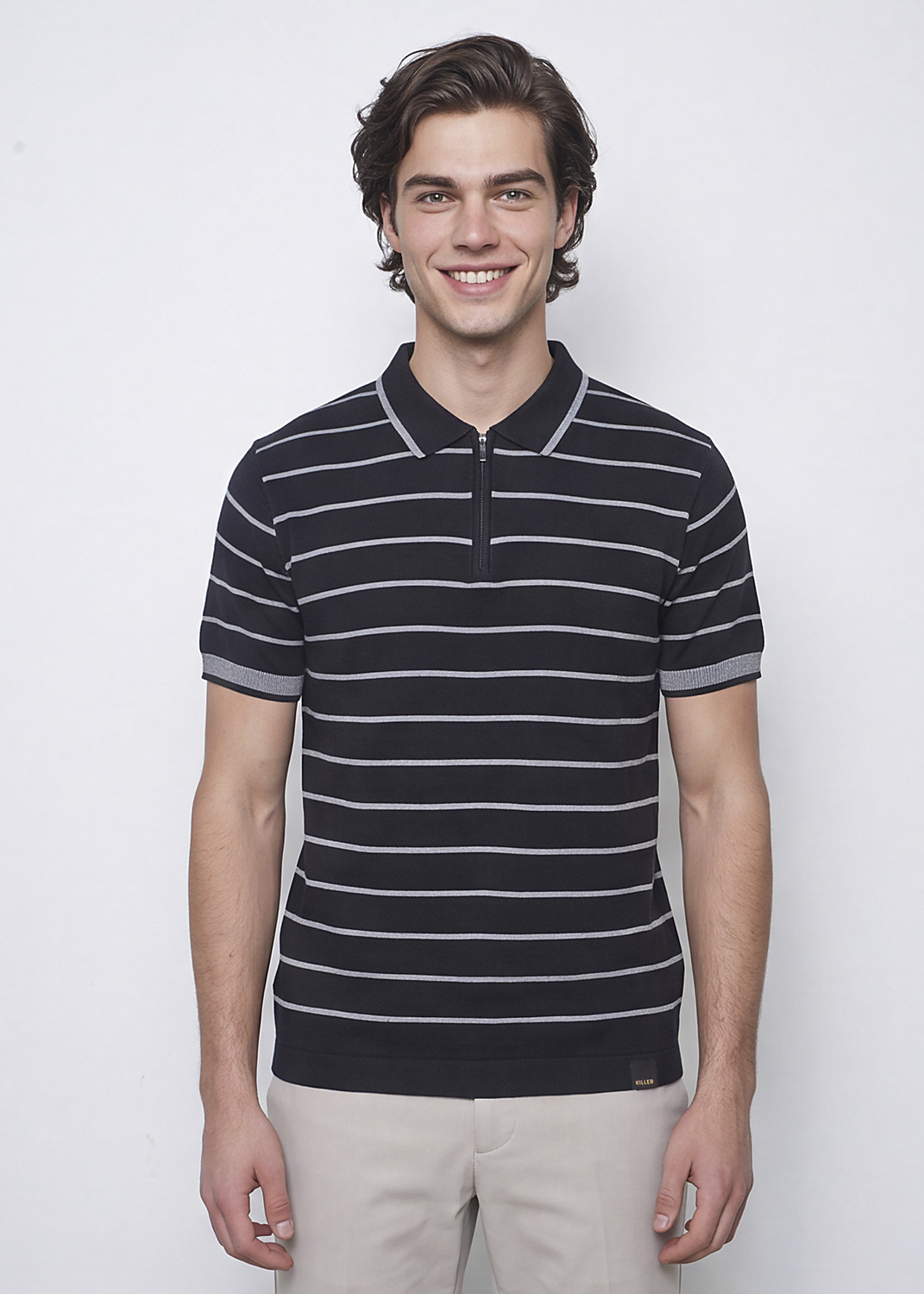 KILLER Striped Men Polo Neck Black T-Shirt