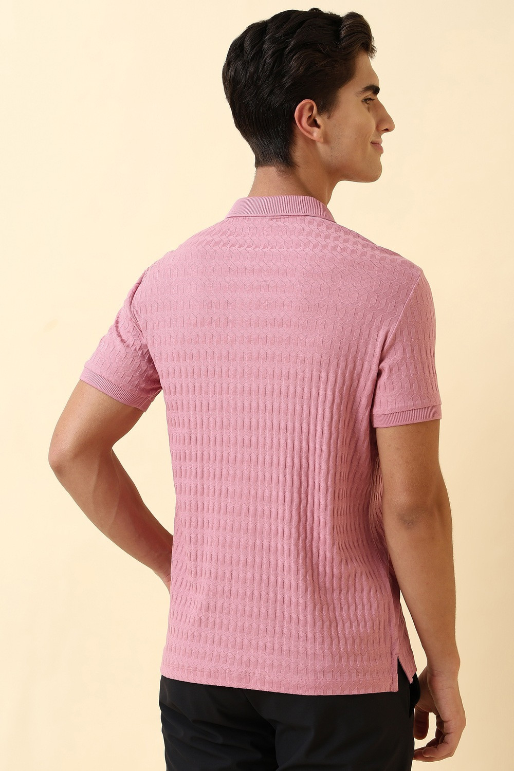Image of Allen Solly Men Solid Polo Neck Pure Cotton Pink T-Shirt