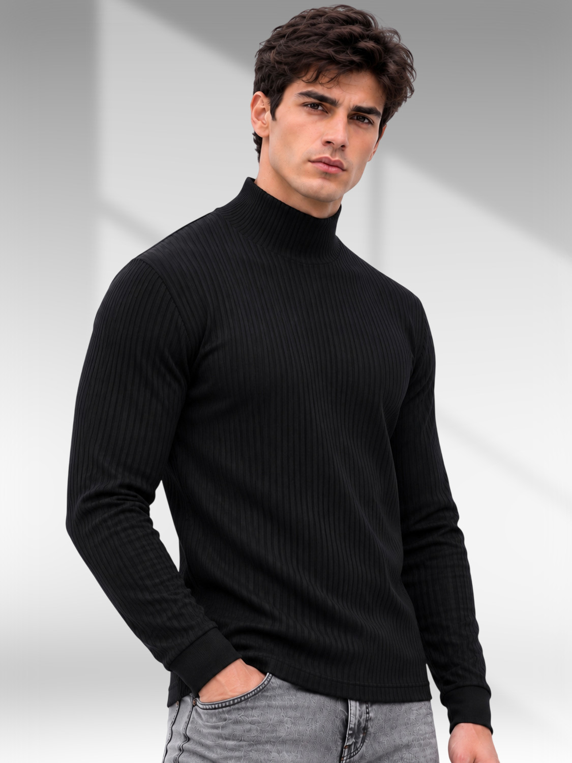 Image of GK ROOTS Striped Men Turtle Neck Black T-Shirt