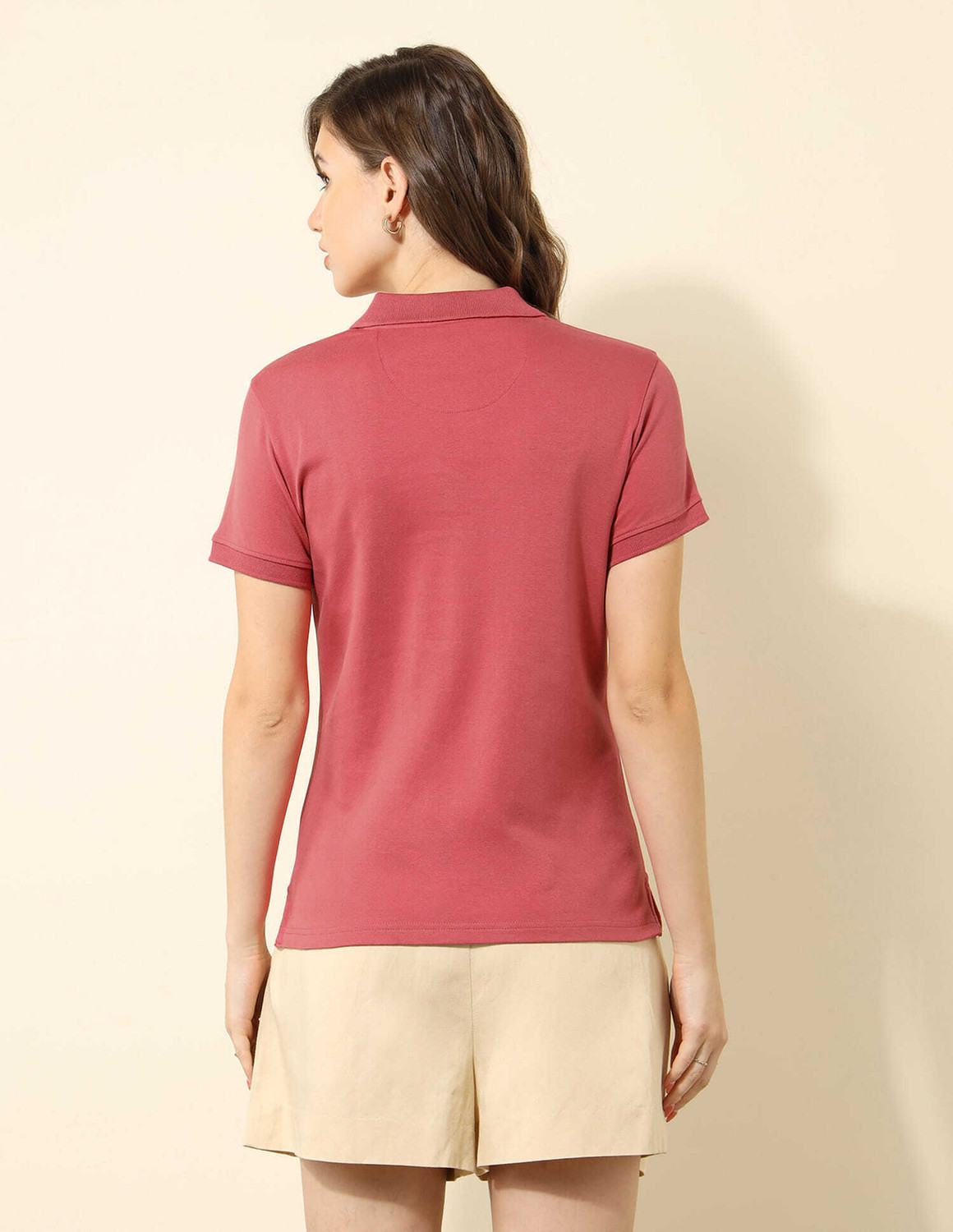 Image of U.S. POLO ASSN. Solid Women Polo Neck Pink T-Shirt