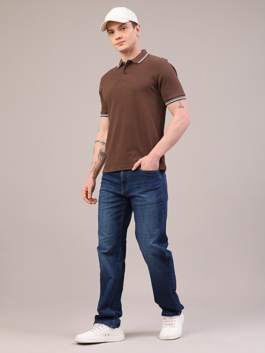 Image of V-MART Self Design Men Polo Neck Brown T-Shirt