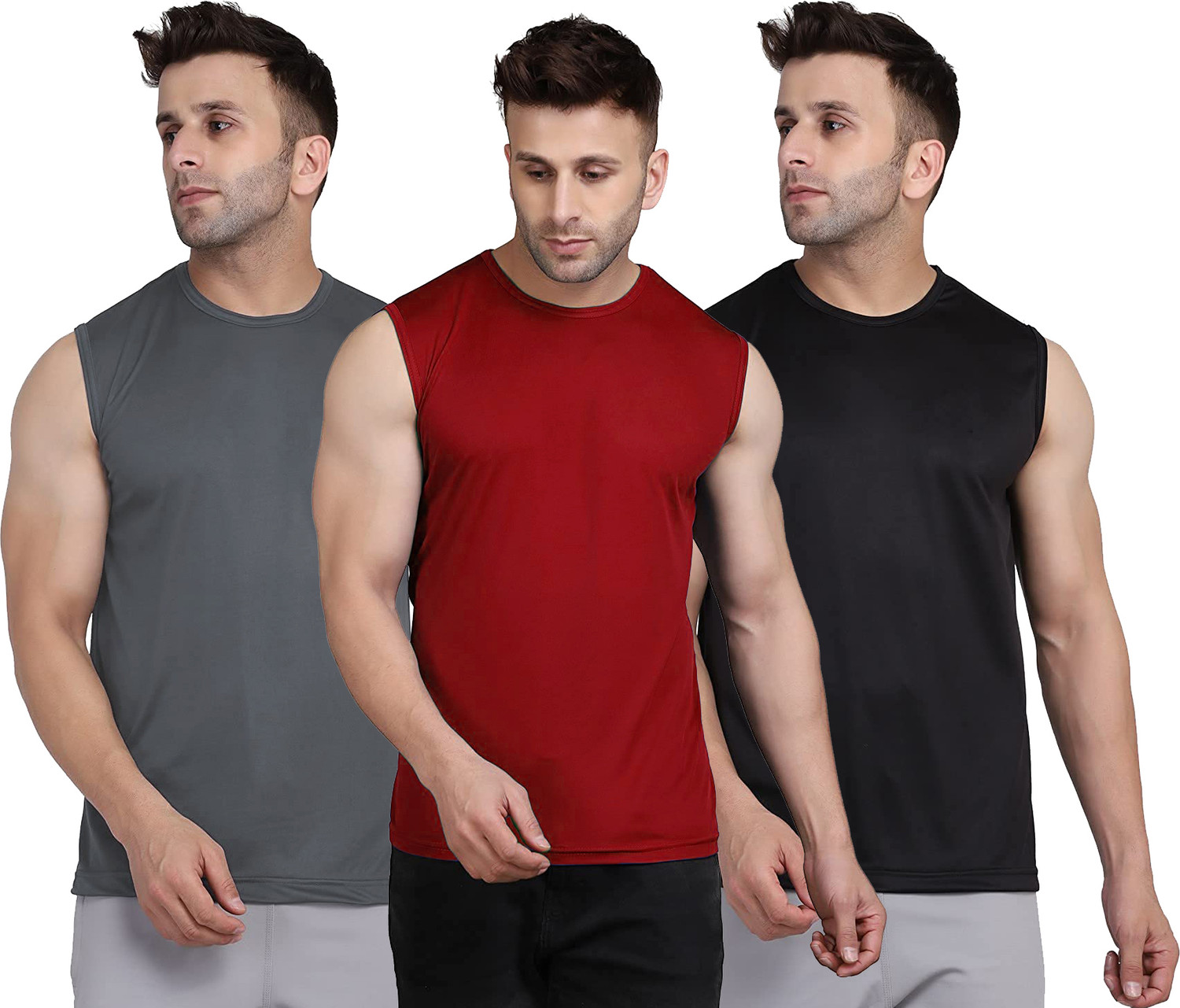 Image of UDI n ADI Solid Men Round Neck Maroon, Grey, Black T-Shirt