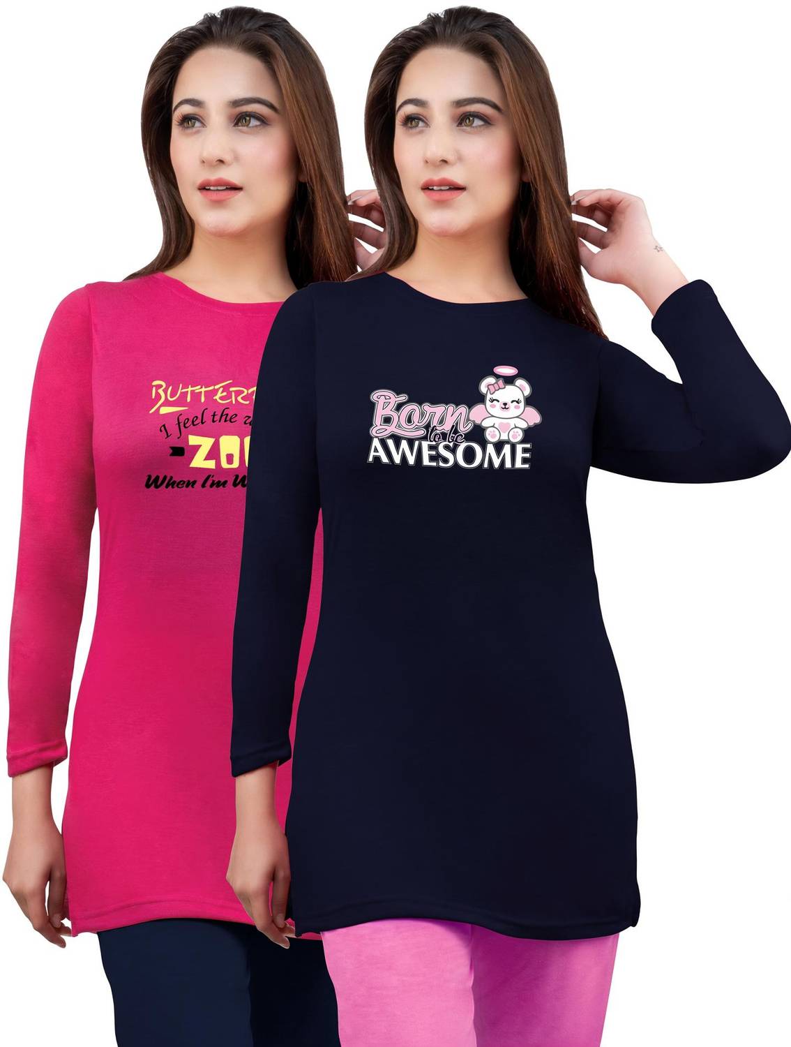 AMAHA Printed Women Round Neck Dark Blue, Pink T-Shirt