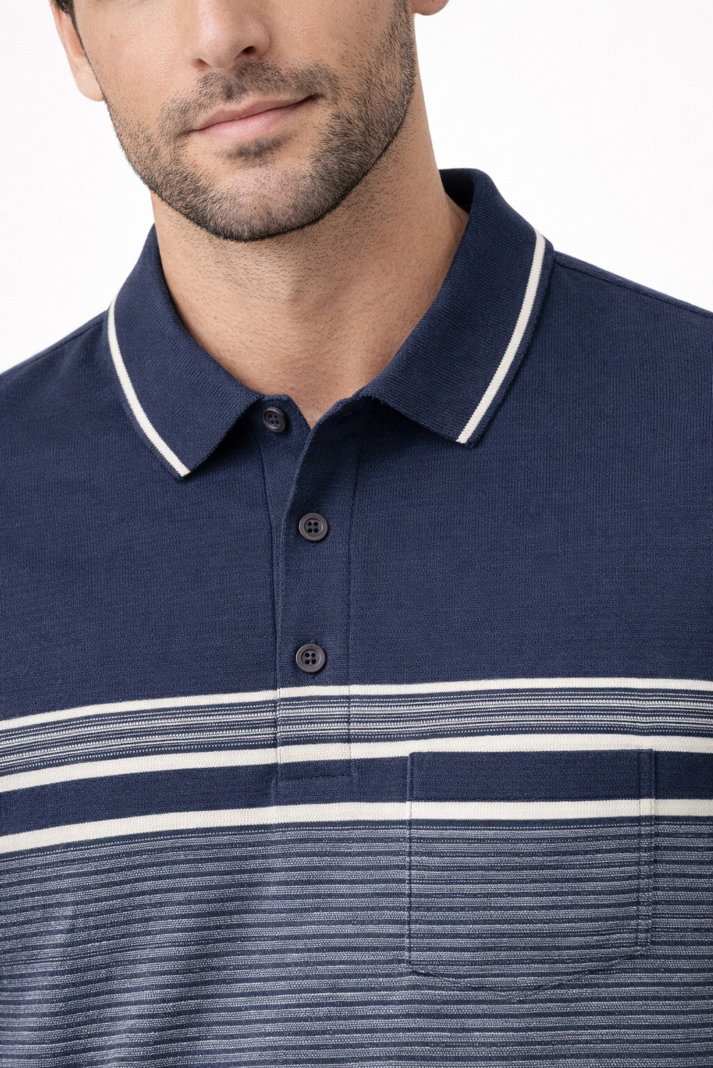 Image of SANE ORIGINALS Striped Men Polo Neck Navy Blue, Light Blue T-Shirt