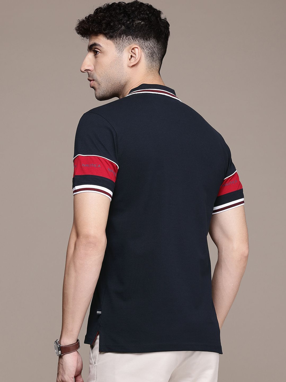 Image of NAUTICA Striped Men Polo Neck Blue T-Shirt