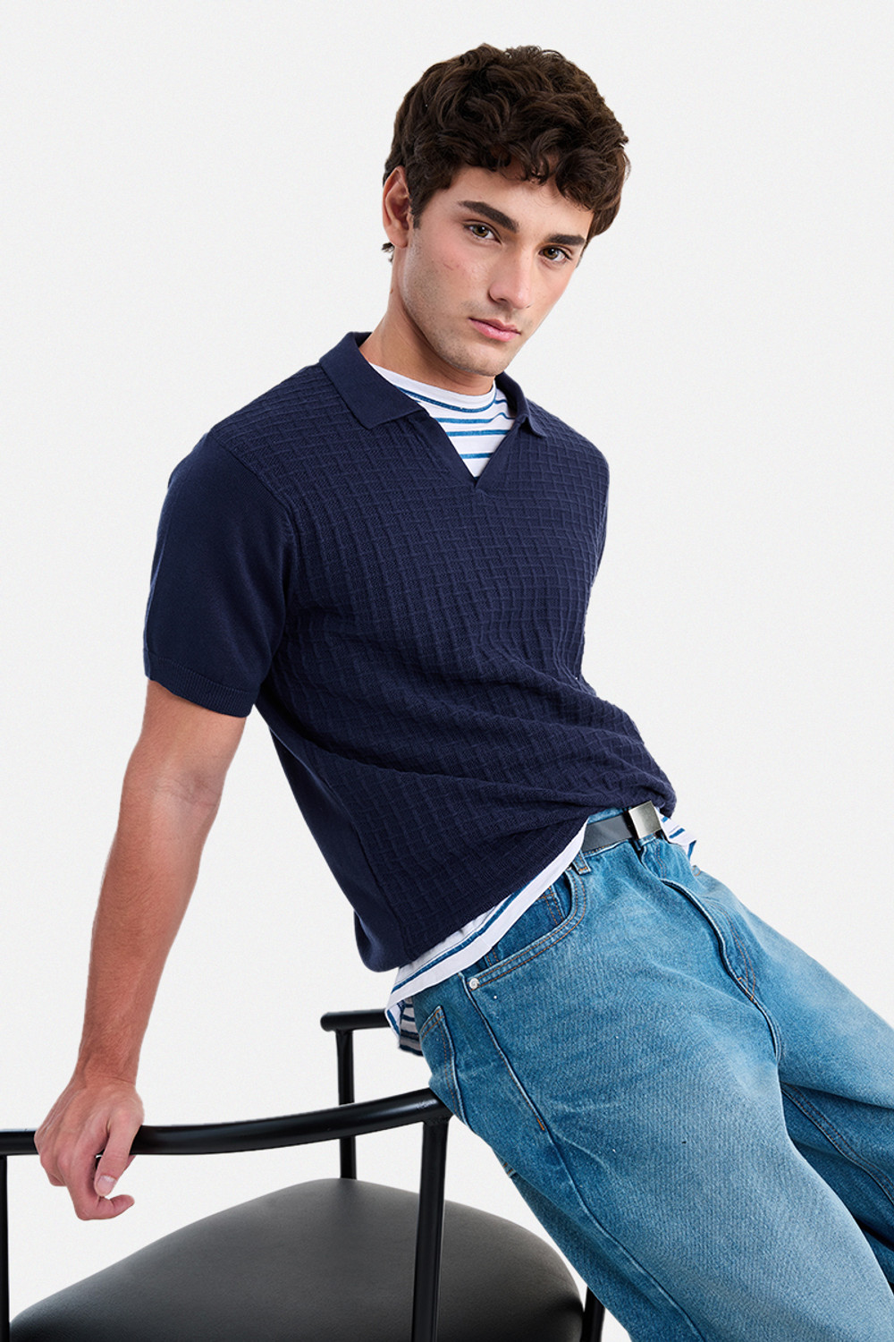 Snitch Self Design Men Polo Neck Navy Blue T-Shirt