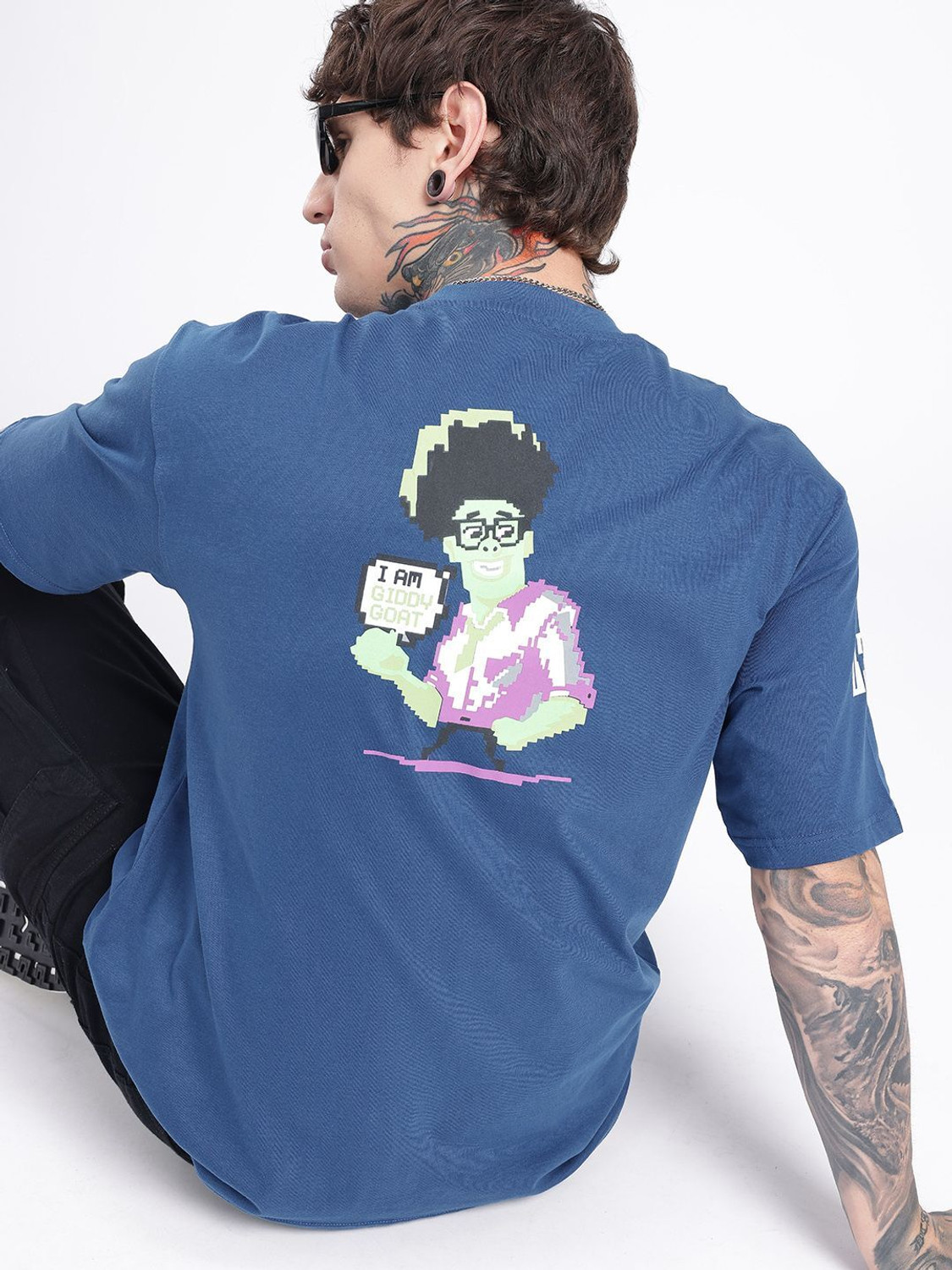 Image of Glitchez Printed Men Round Neck Blue T-Shirt