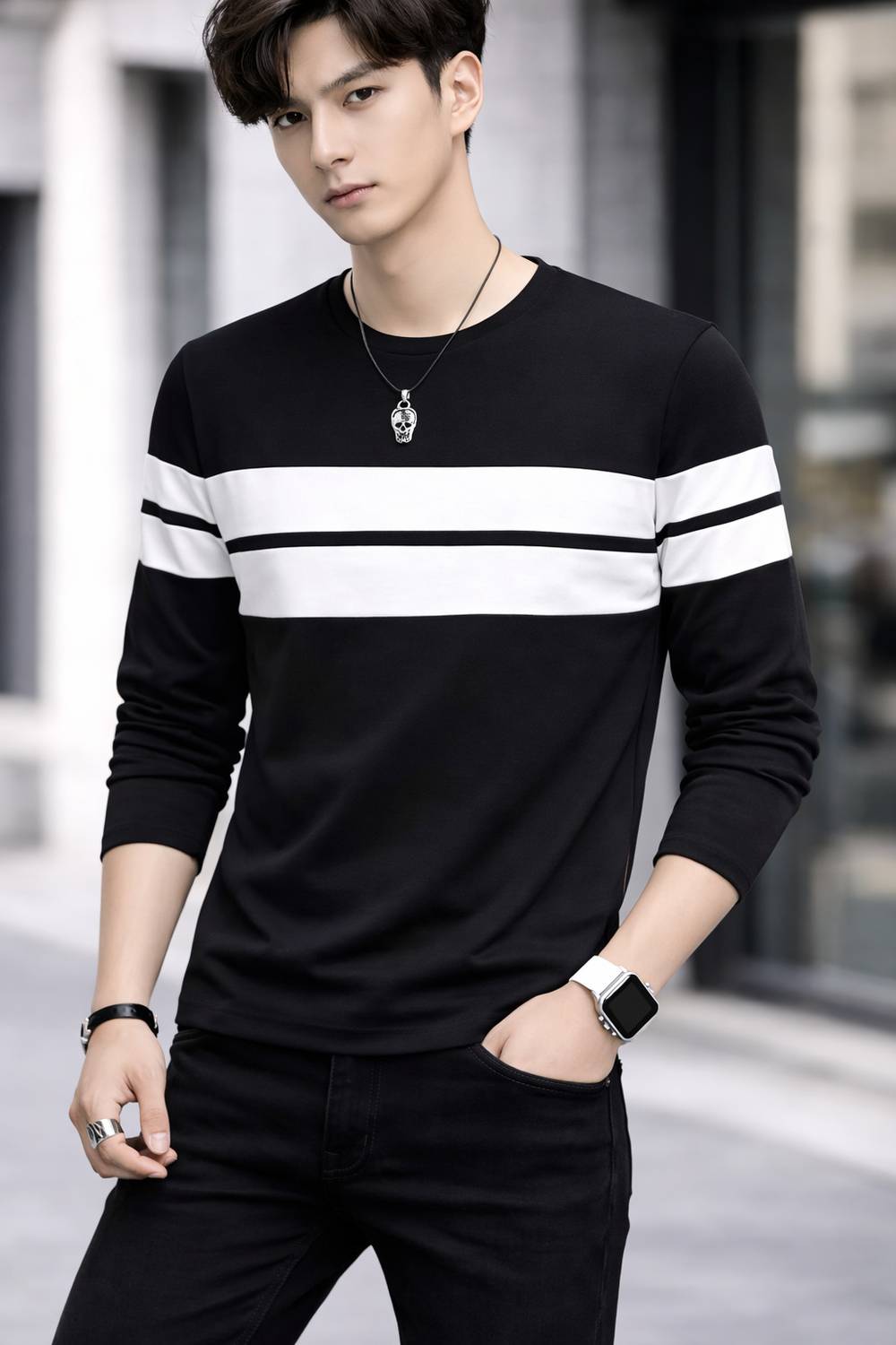FASHIUM Men Striped Round Neck Cotton Blend Black T-Shirt